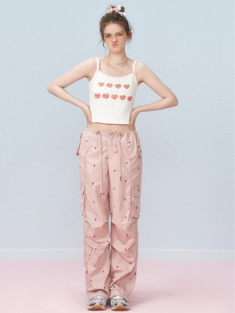 Cherry Blossom Embroidered Cargo Pants