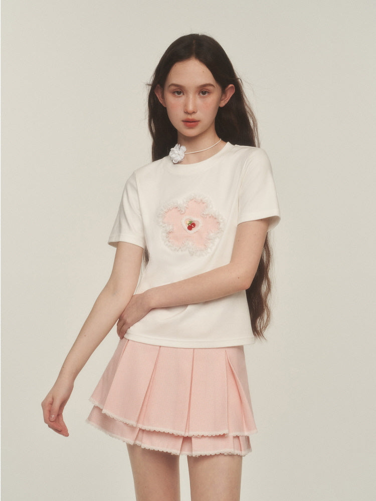Pink Lace Trim Pleated Skirt