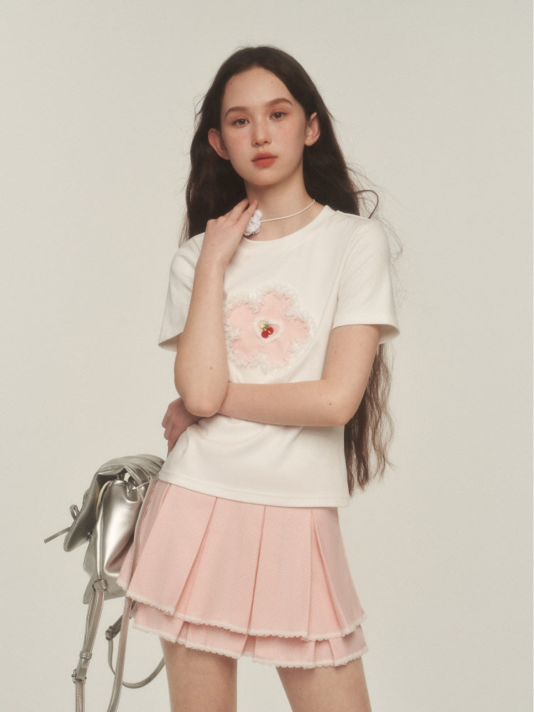 Pink Lace Trim Pleated Skirt
