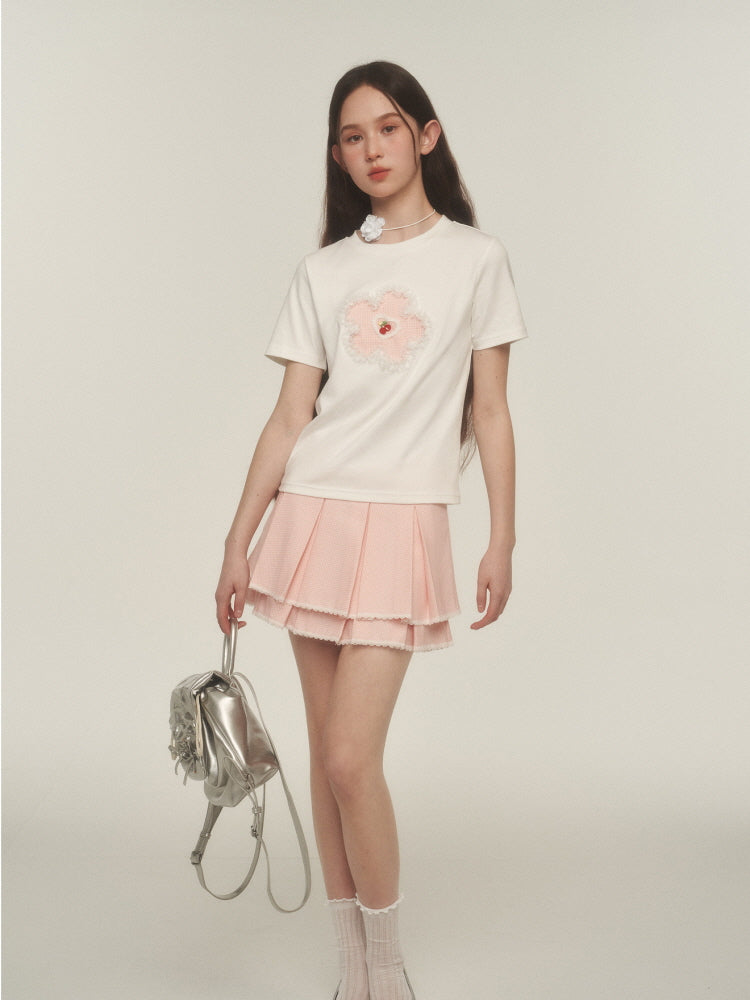 Pink Lace Trim Pleated Skirt