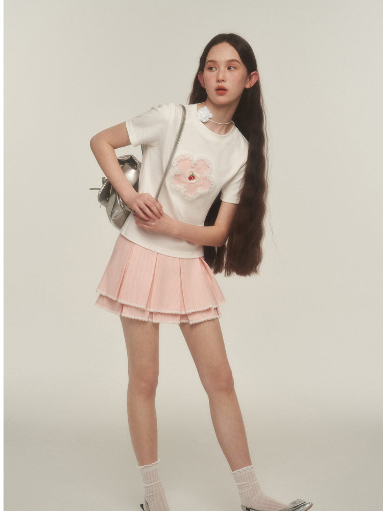 Pink Lace Trim Pleated Skirt