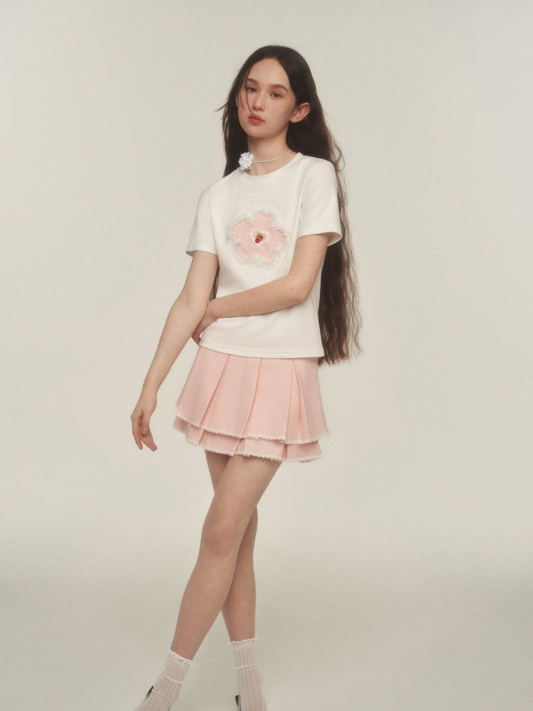 Pink Lace Trim Pleated Skirt
