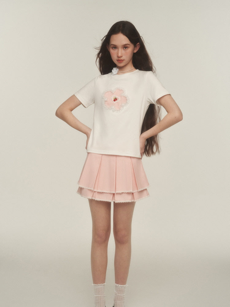 Pink Lace Trim Pleated Skirt