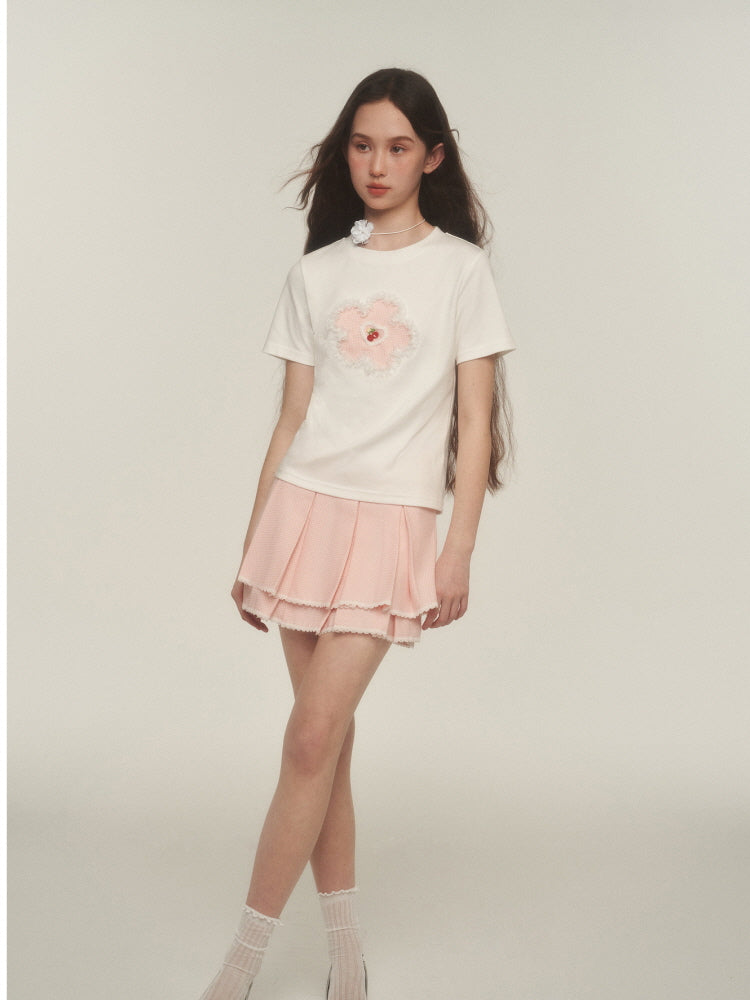 Pink Lace Trim Pleated Skirt