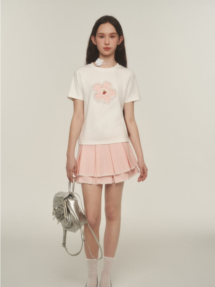 Pink Lace Trim Pleated Skirt