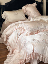 Floral Sweet Silk Embroidered Frill Bedding Set