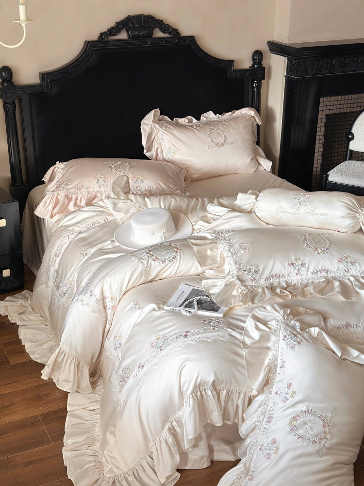 Floral Sweet Silk Embroidered Frill Bedding Set