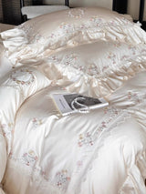 Floral Sweet Silk Embroidered Frill Bedding Set