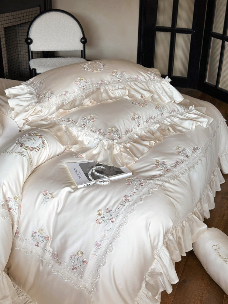 Floral Sweet Silk Embroidered Frill Bedding Set