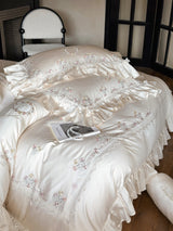 Floral Sweet Silk Embroidered Frill Bedding Set