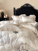 Floral Sweet Silk Embroidered Frill Bedding Set