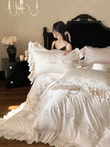 Floral Sweet Silk Embroidered Frill Bedding Set