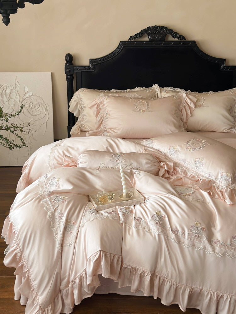 Floral Sweet Silk Embroidered Frill Bedding Set
