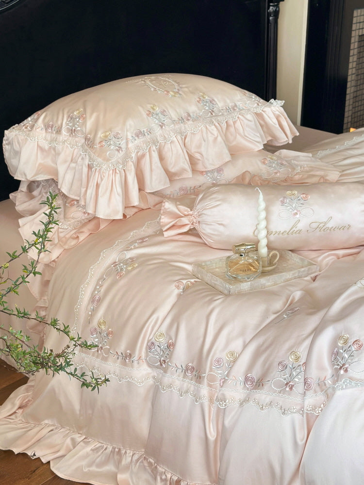 Floral Sweet Silk Embroidered Frill Bedding Set