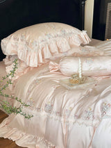 Floral Sweet Silk Embroidered Frill Bedding Set