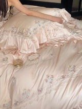 Floral Sweet Silk Embroidered Frill Bedding Set