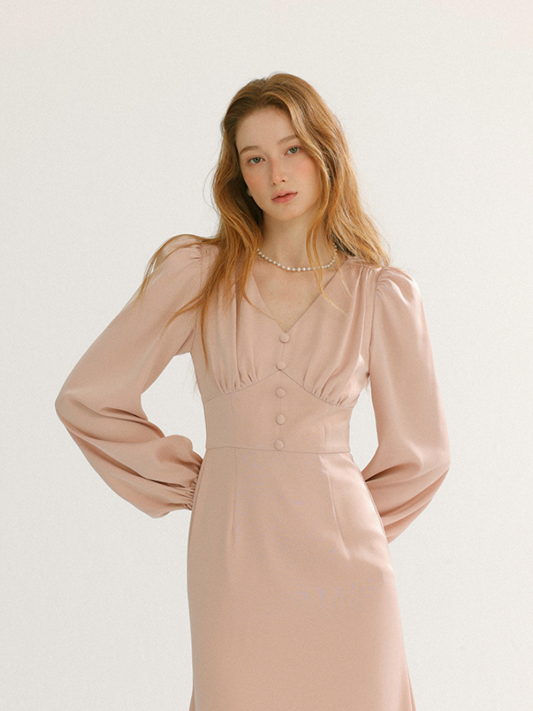 Romantic Pearl Button V-Neck Long Dress