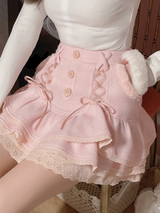 Pink White Soft Plush Lace-up Cake Skirt