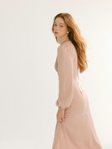 Romantic Pearl Button V-Neck Long Dress