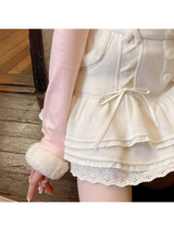 Pink White Soft Plush Lace-up Cake Skirt