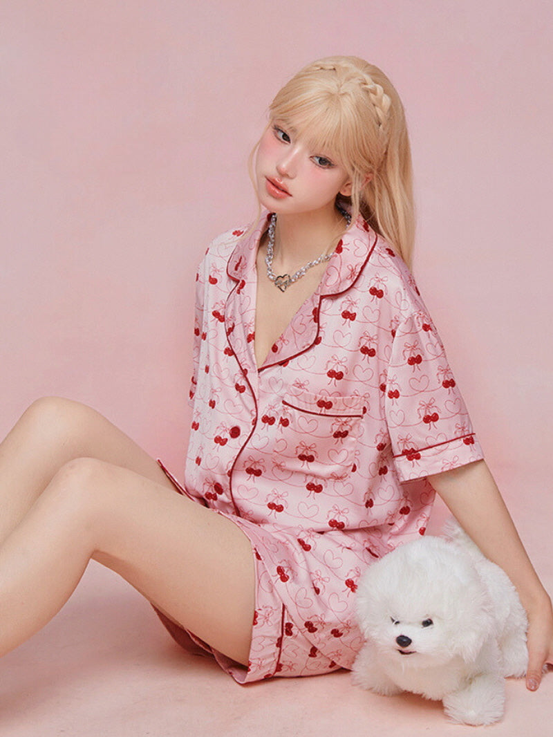 Cherry Print Playful Girly Short Sleeve Pajama