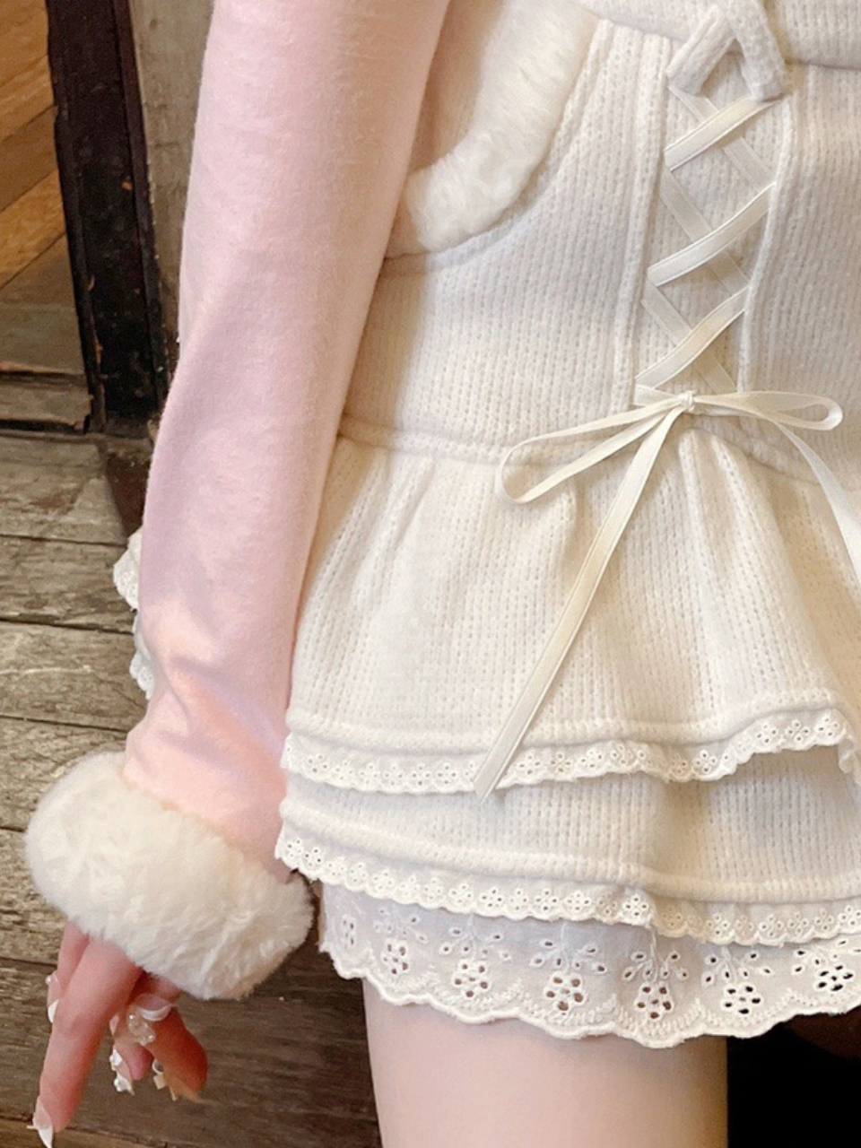 Pink White Soft Plush Lace-up Cake Skirt