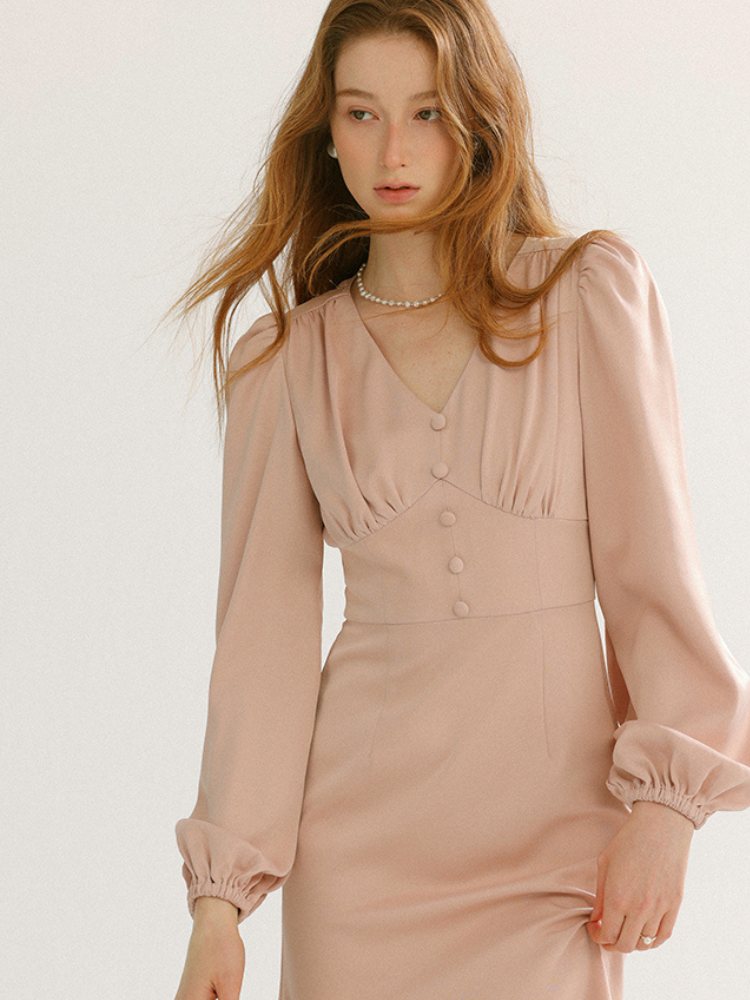 Romantic Pearl Button V-Neck Long Dress