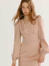 Romantic Pearl Button V-Neck Long Dress