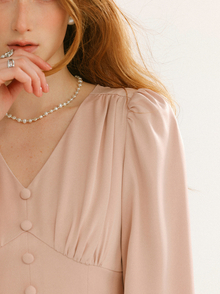 Romantic Pearl Button V-Neck Long Dress