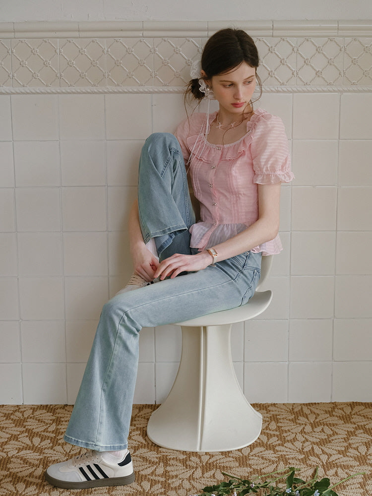 Peach Glimmer Ruffle Blouse