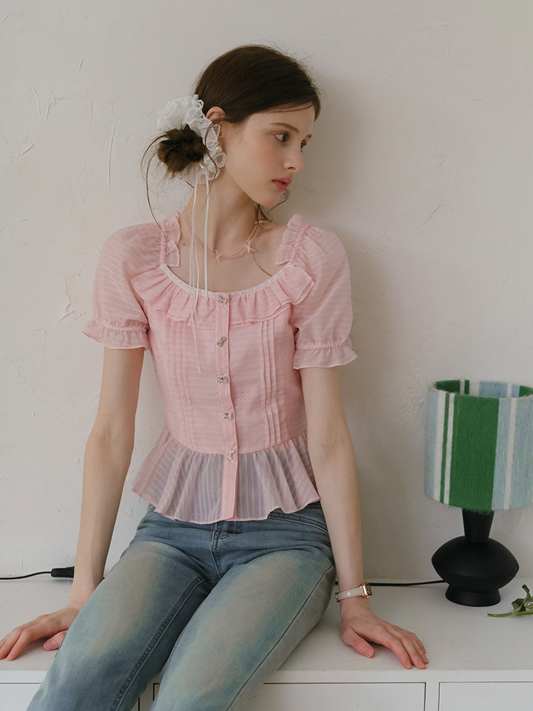 Peach Glimmer Ruffle Blouse