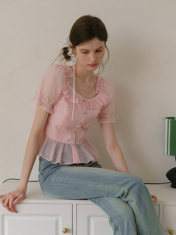 Peach Glimmer Ruffle Blouse
