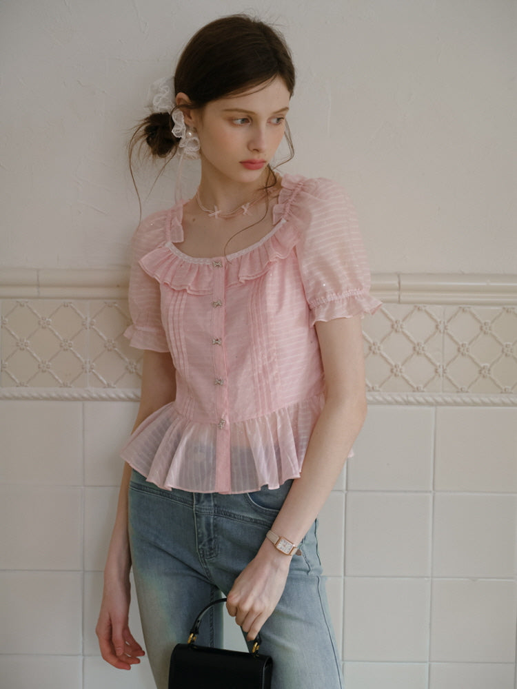 Peach Glimmer Ruffle Blouse