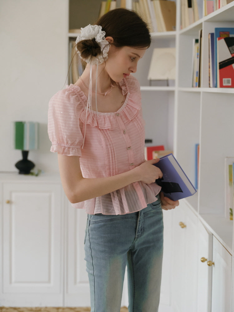 Peach Glimmer Ruffle Blouse