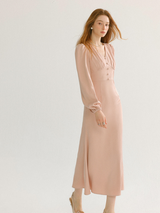 Romantic Pearl Button V-Neck Long Dress