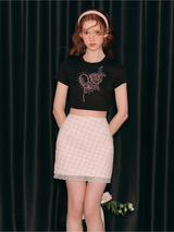 Pink Gingham Lace Trim Mini Skirt