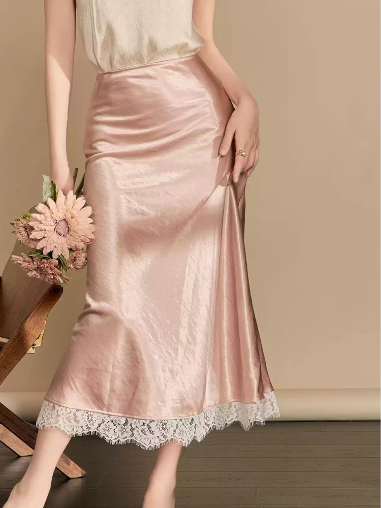 Moonlit Satin Lace Trim Skirt