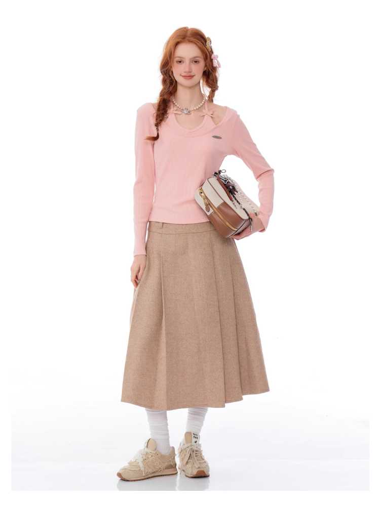 Soft Pink Ribbed Knit Bow-Tie Top
