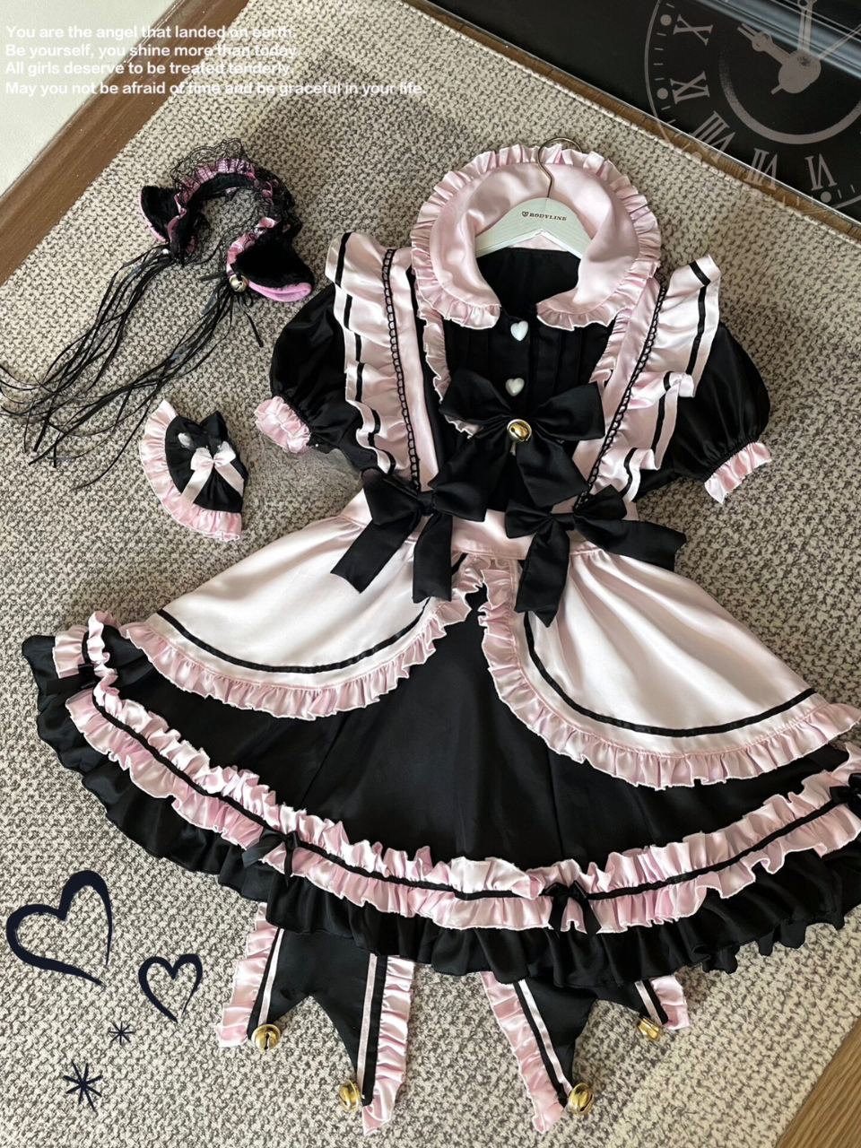 Black Pink Meow Bell Heart Maid Lolita Set