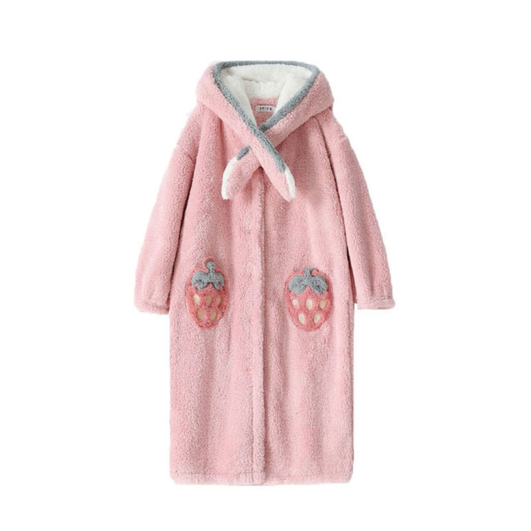 Pink Strawberry Hooded Ears Fluffy Warm Nightgown