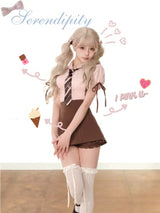 Pink Chocolate Short-sleeved Shirt High Waist Strap Skirt Two-piece Set