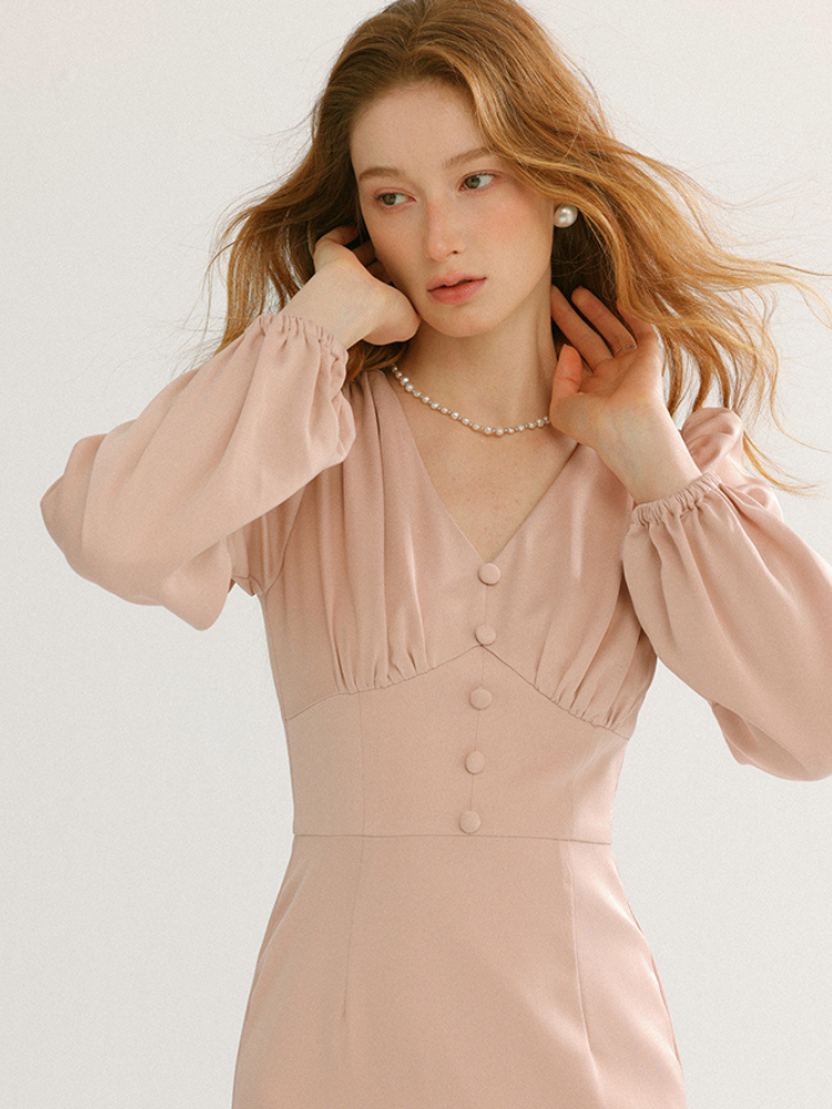 Romantic Pearl Button V-Neck Long Dress
