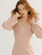 Romantic Pearl Button V-Neck Long Dress