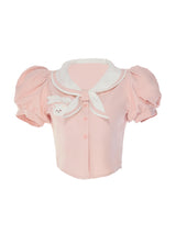 Kindergarten Pink Short Sleeves With Blue Straps Skirt Two-piece Set