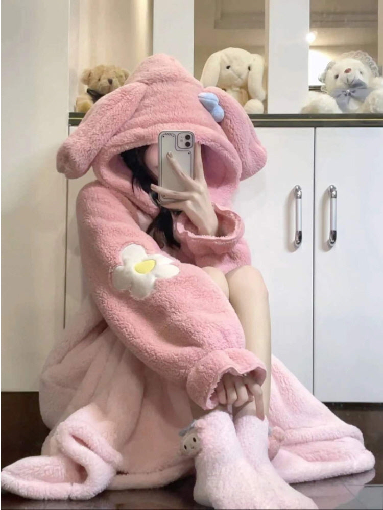 Cute Hooded Ears Pink Rabbit Warm Fluffy Pajama Nigthgown