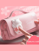 Sakura Cat PU Leather Pencil Case