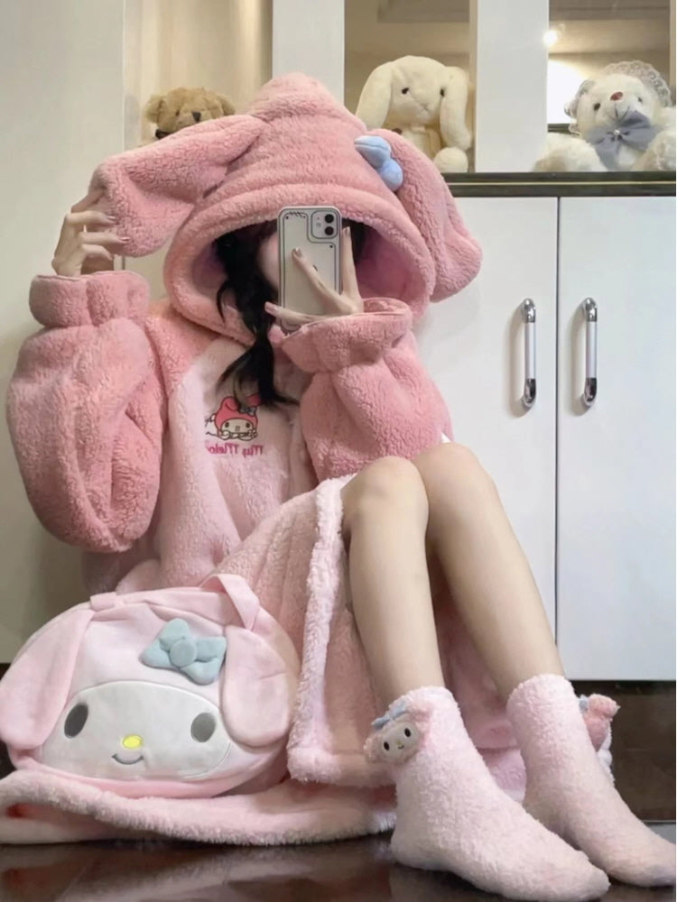 Cute Hooded Ears Pink Rabbit Warm Fluffy Pajama Nigthgown