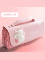 Sakura Cat PU Leather Pencil Case