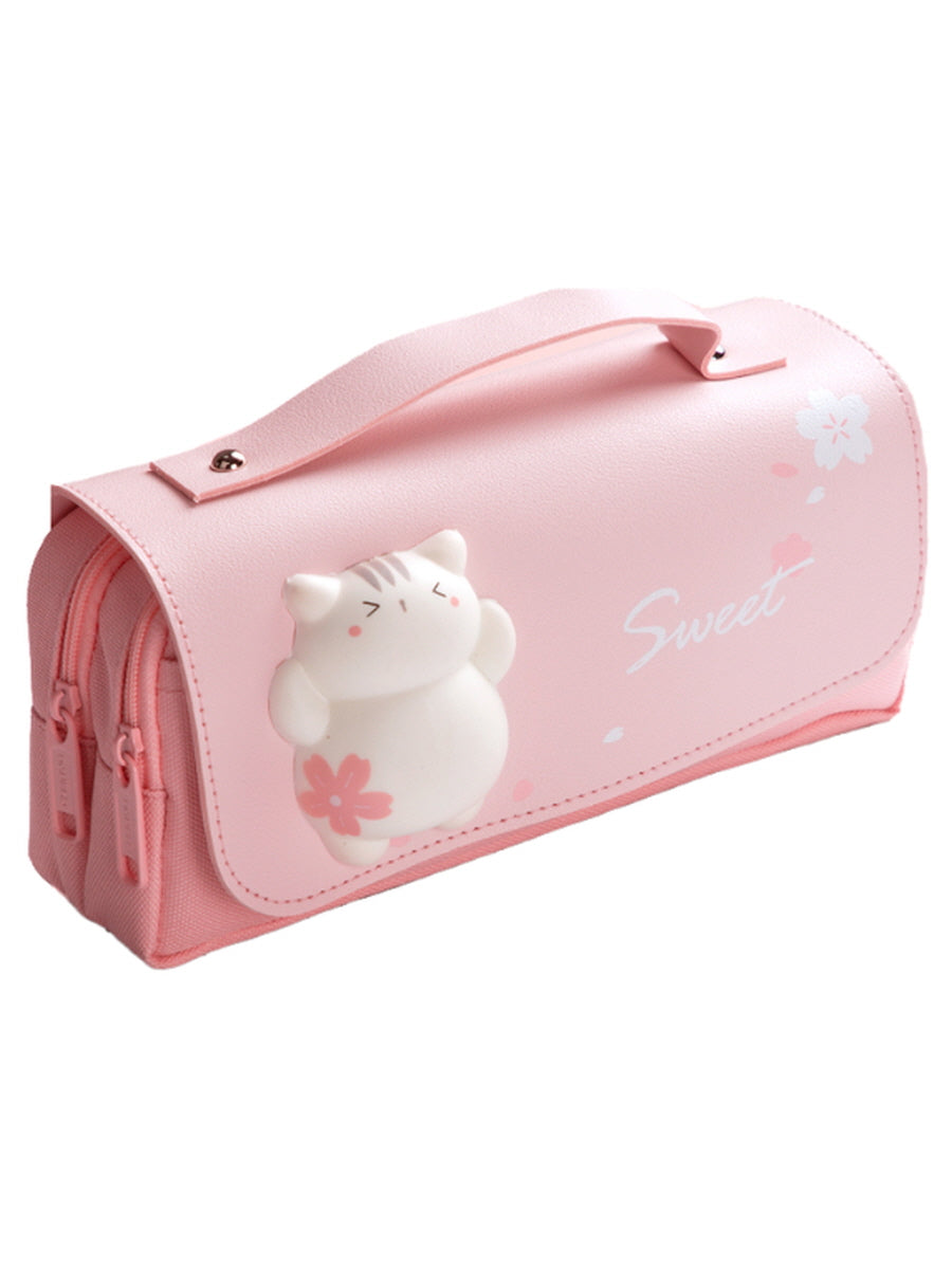 Sakura Cat PU Leather Pencil Case