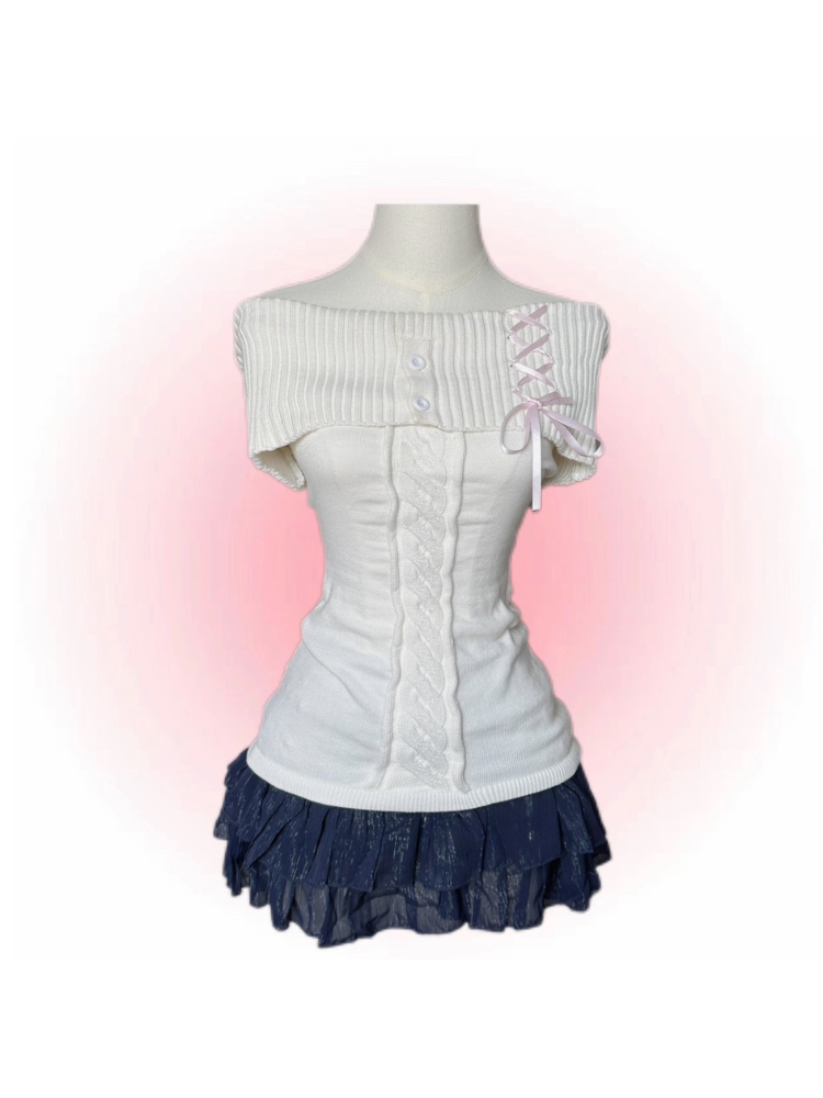 Lace-Up Ribbon Off-Shoulder Knit Top